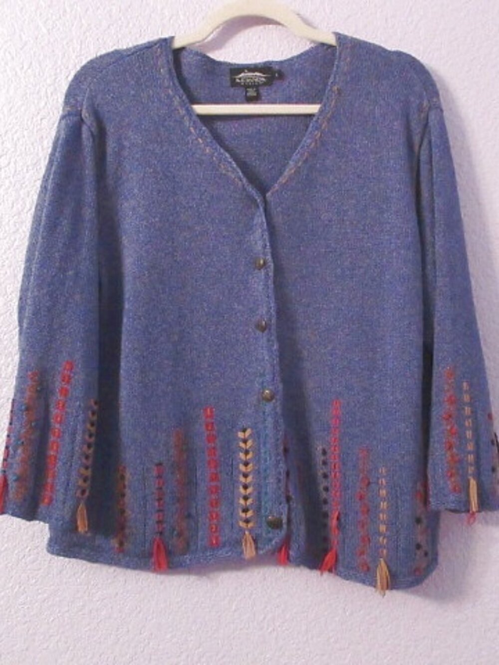 Icelandic Design Embroidered Cardigan Size L Silk Blend Sweater Button Up Artsy